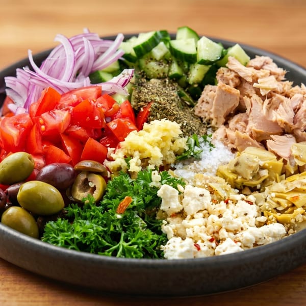 A vibrant salad bowl with tuna, tomatoes, olives, feta, artichokes, and herbs on a wooden table.