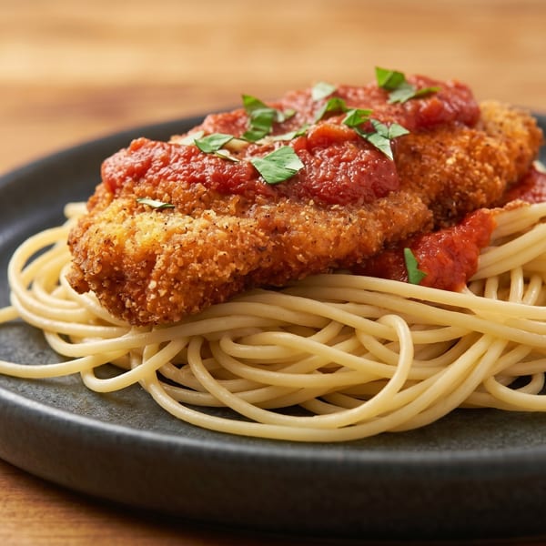 Crispy chicken parmesan with rich tomato sauce and fresh basil, served over spaghetti on a dark plate.