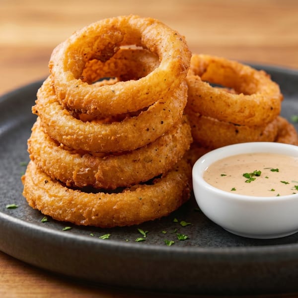 Golden-brown onion rings stacked on a dark plate with a side of dipping sauce.