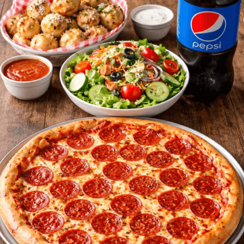 Pepperoni pizza, garlic knots, garden salad, marinara, ranch, and a Pepsi bottle on a wooden table.