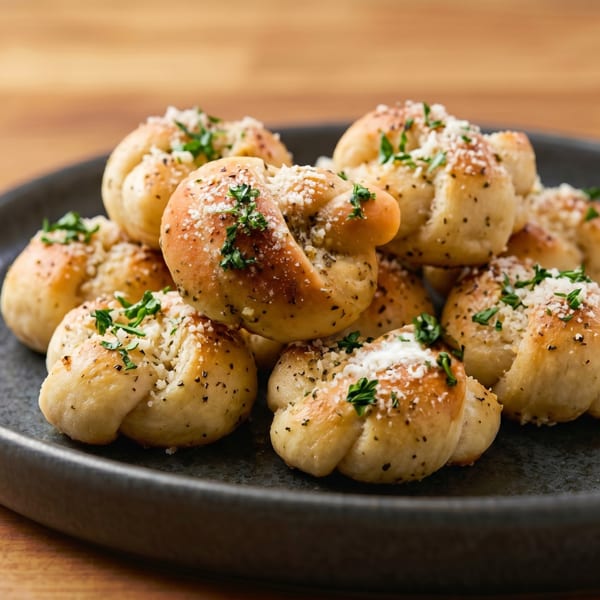 A dark plate filled with golden-brown garlic knots, sprinkled with parmesan cheese and fresh parsley.