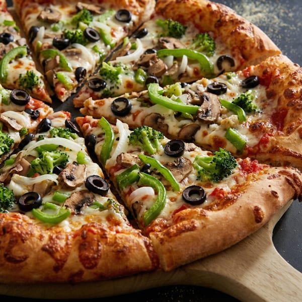 Vegetable pizza with broccoli, mushrooms, olives, onions, and green peppers on a wooden peel.