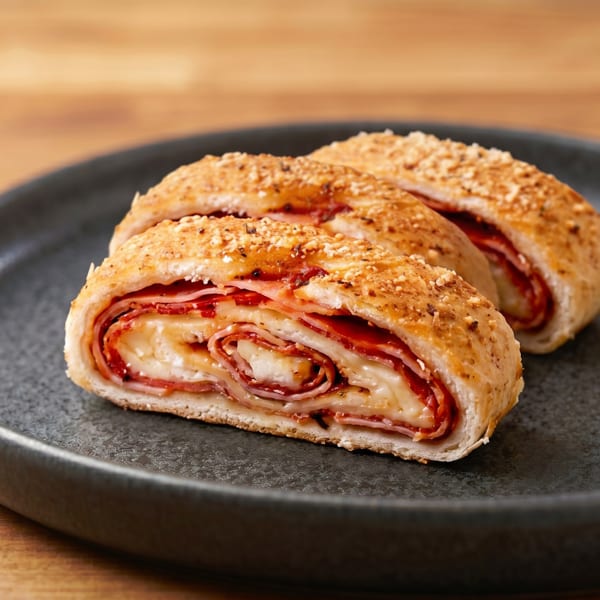 Two slices of stromboli filled with ham, pepperoni, and melted cheese on a dark plate.