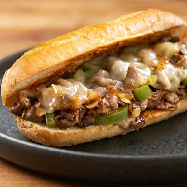 Cheesesteak sandwich with melted cheese, steak, grilled onions, and green peppers on a dark plate.