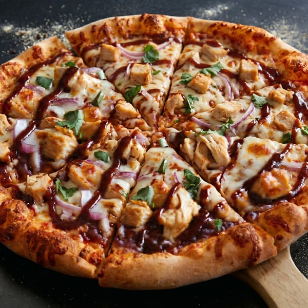 A whole BBQ chicken pizza, sliced, with red onion, cilantro, and a drizzle of sauce.