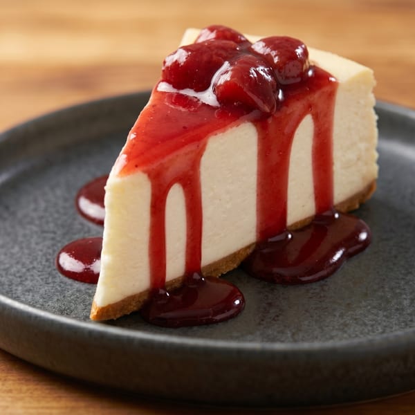 Slice of cheesecake with strawberry topping and sauce on a dark plate.