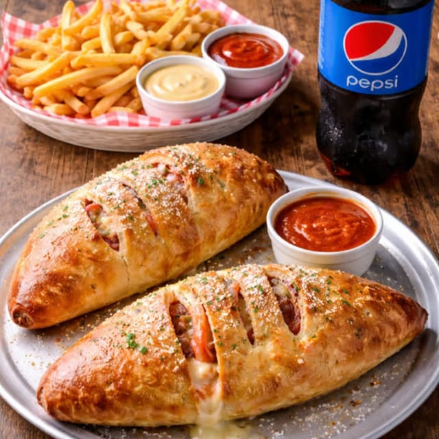 Two Calzones with Two Toppings, French Fries & 2 Liter Soda.