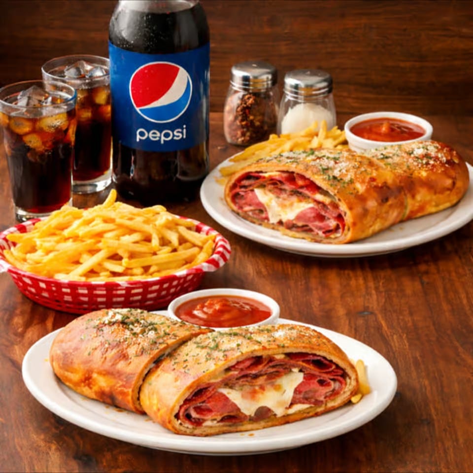 Two Stromboli with Two Toppings, French Fries & 2 Liter Soda.