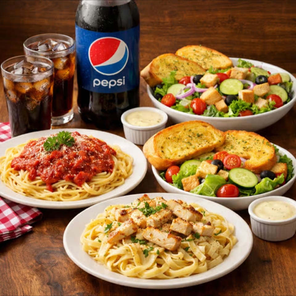 Two Pasta Dinners with Side Salad, Garlic Bread & 2 Liter Soda.