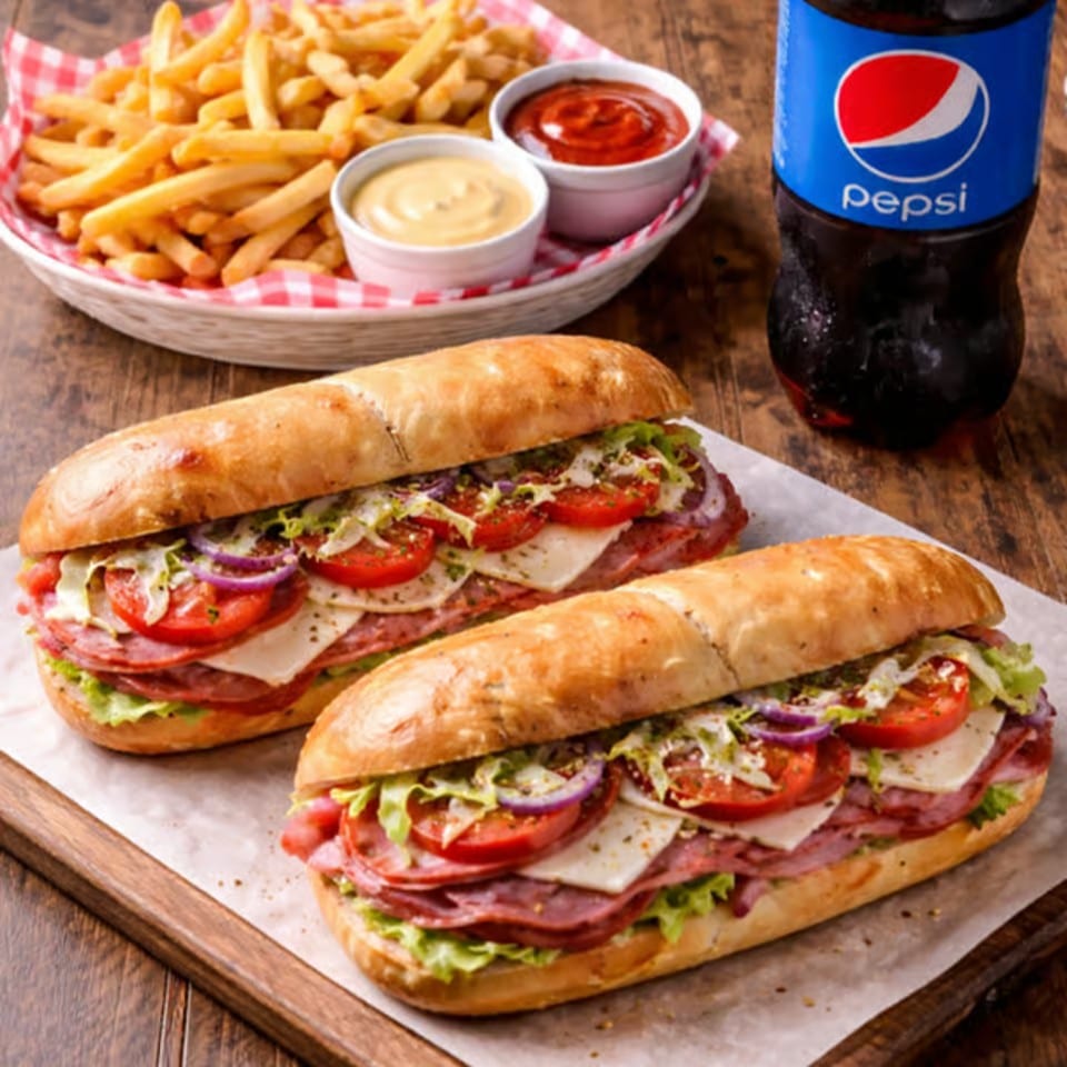 Any Two Sub, Fries & 2 Liter Soda.